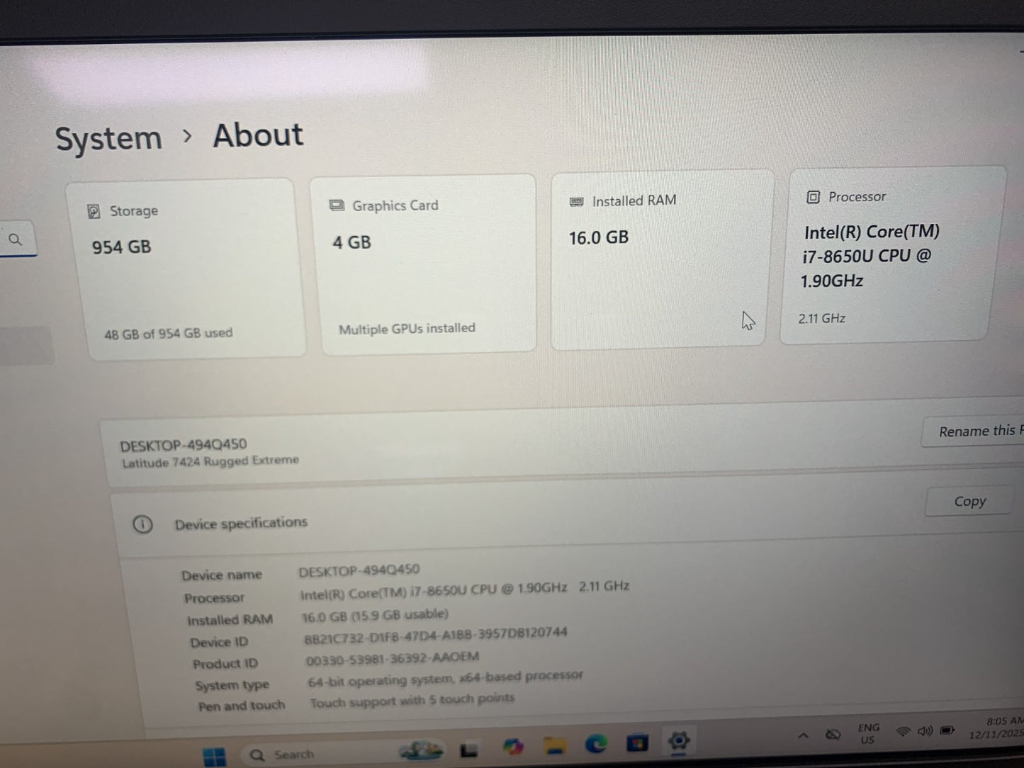 Dell Latitude 7424 Rugged Extreme i7-8650U 1.90GHz / 16GB Ram / 1TB SSD1