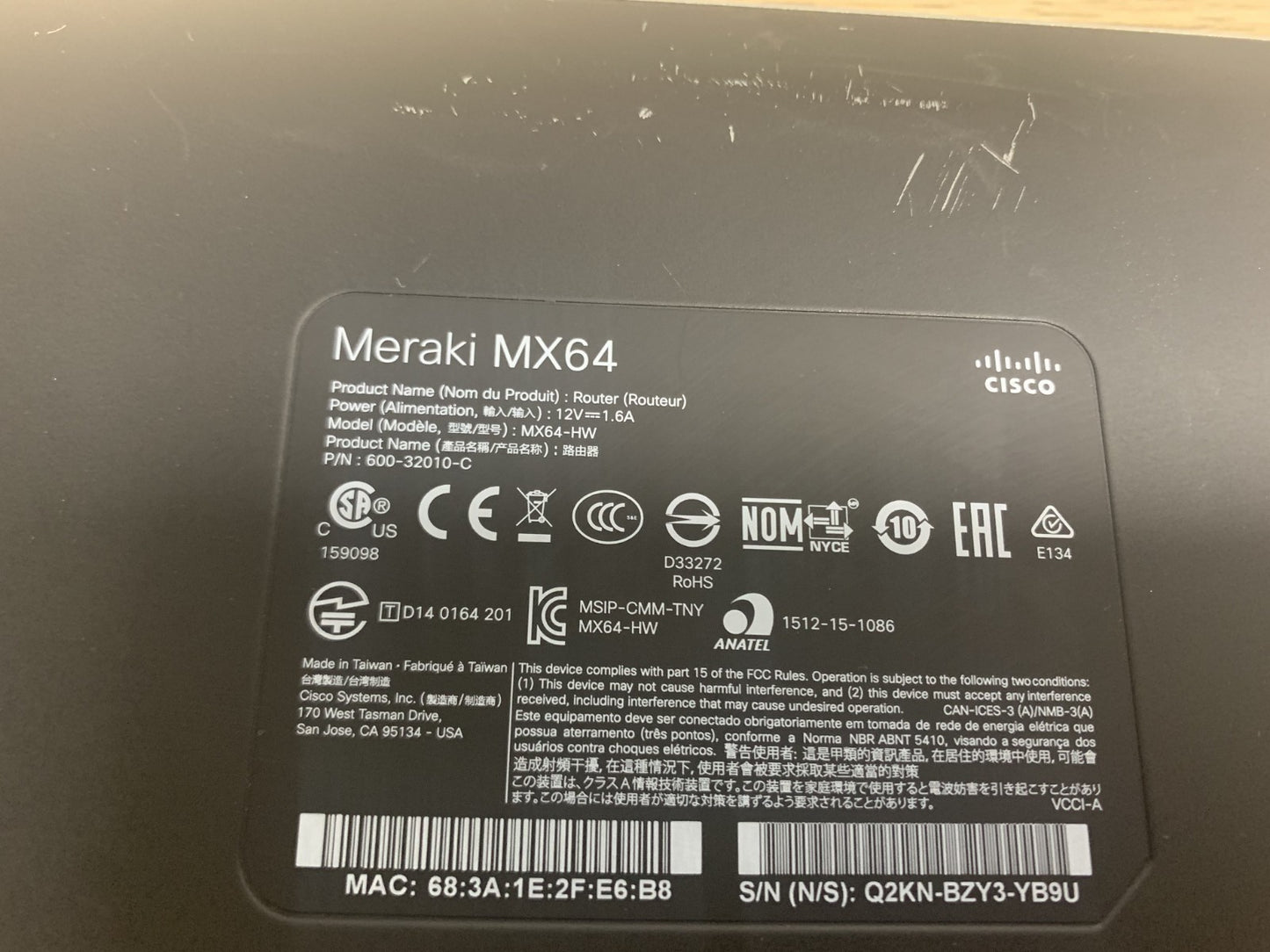 Cisco Meraki MX64 Router MX64-HW Cloud Managed Security Appliance No PSU2