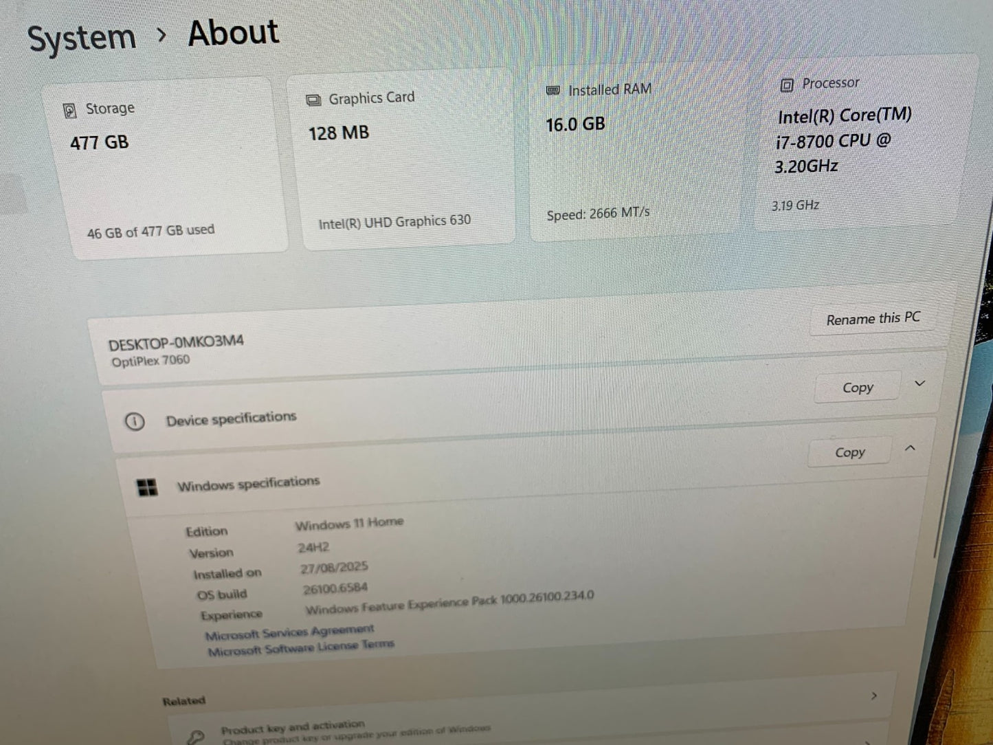 Dell Optiplex SFF 7060 i7-8700 3.20GHz / 16GB /  512GB SSD2