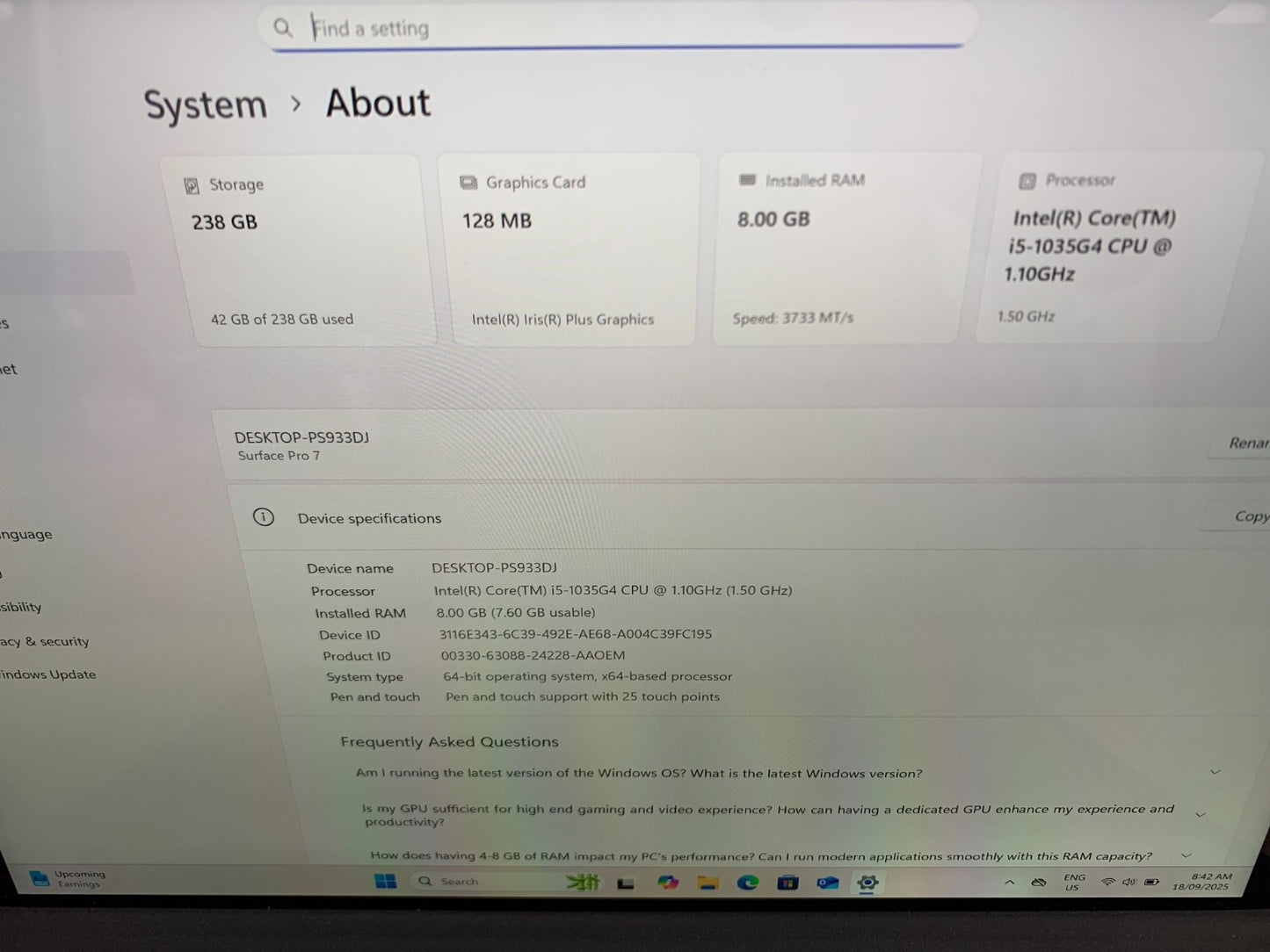 Microsoft Surface Pro 7 1866 i5-1035G4 1.10GHz / 8GB / 256GB SSD1