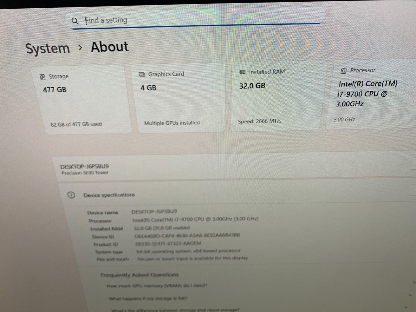 Dell Precision 3630 i7-9700 3.00GHz / 32GB Ram / 512GB SSD2