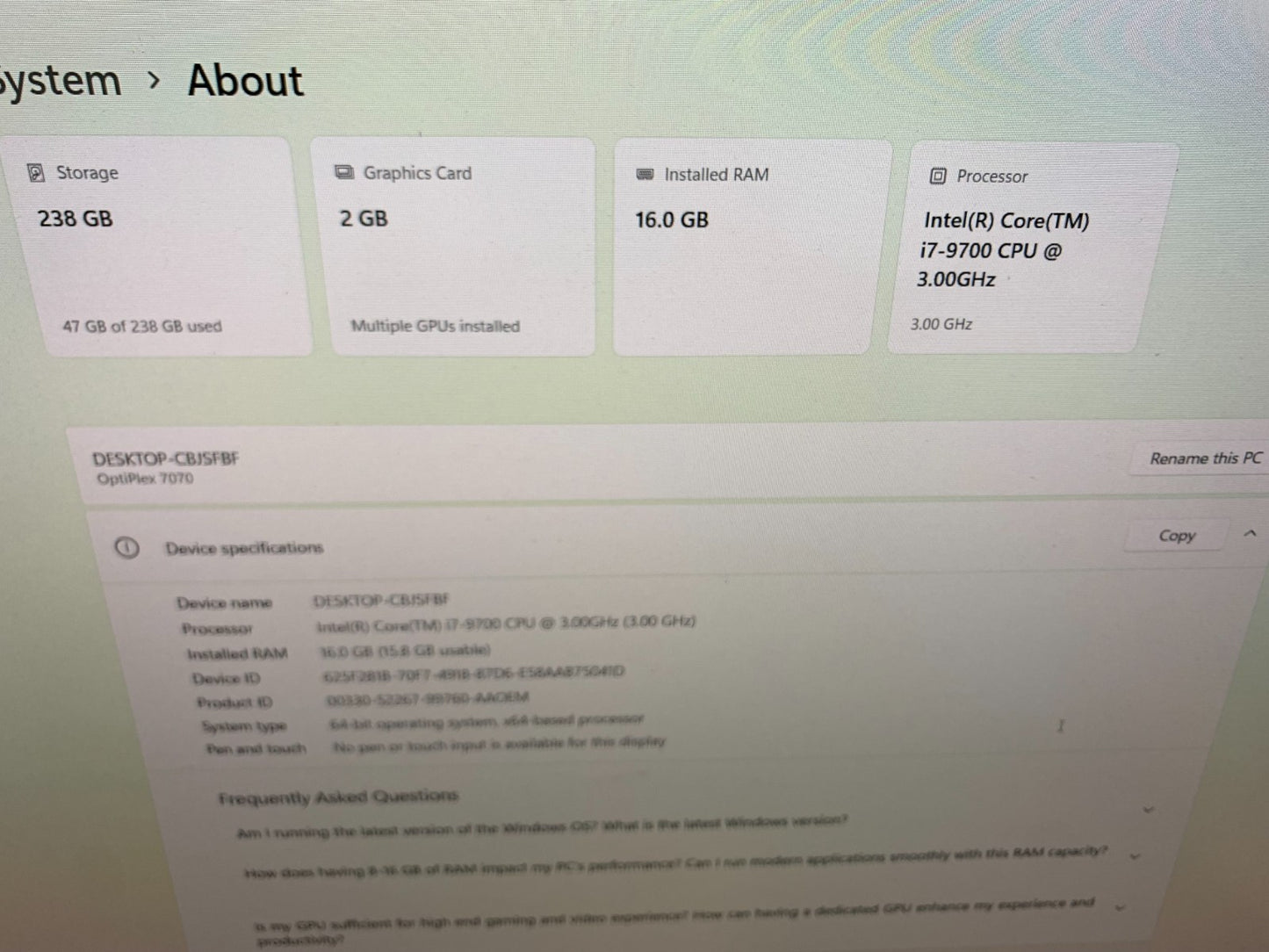 Dell Optiplex 7070 SFF i7-9700 3.00GHz / 16GB / 256GB SSD2