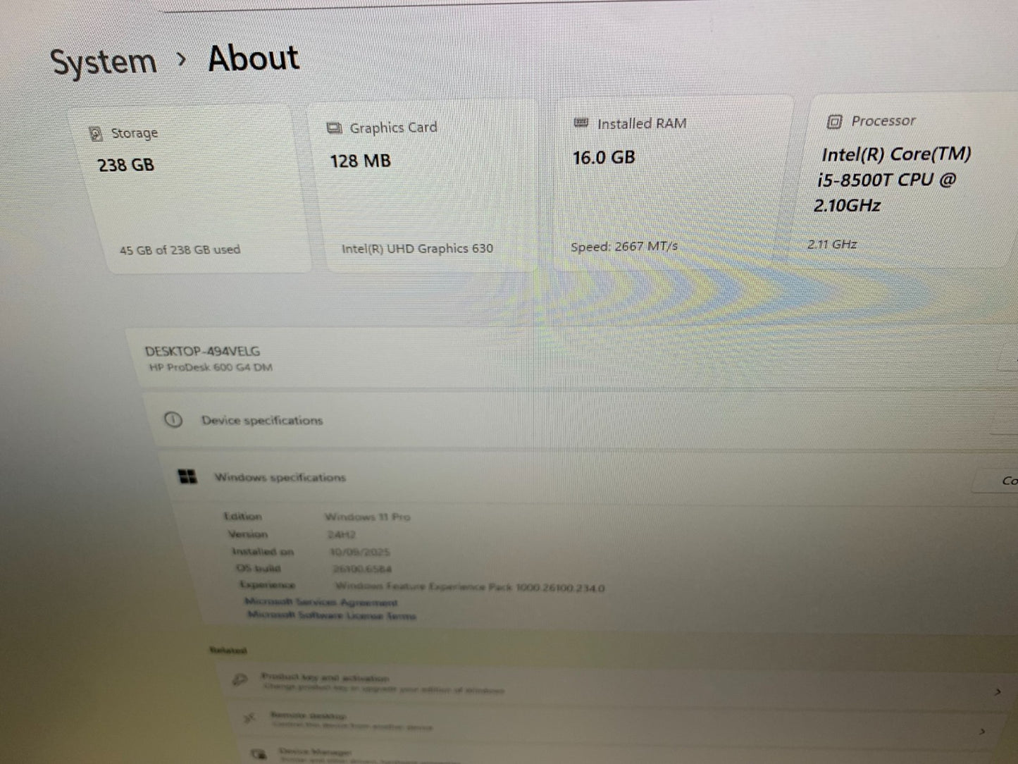 HP ProDesk 600 Mini i5-8500T 2.10GHz / 16GB / 256GB SSD2