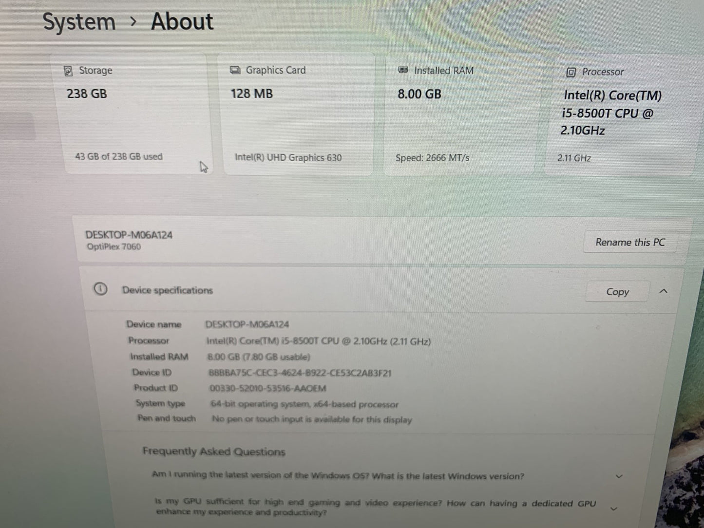 Dell Optiplex 7060 Mini i5-8500T  2.10GHz / 8GB / 256GB SSD2