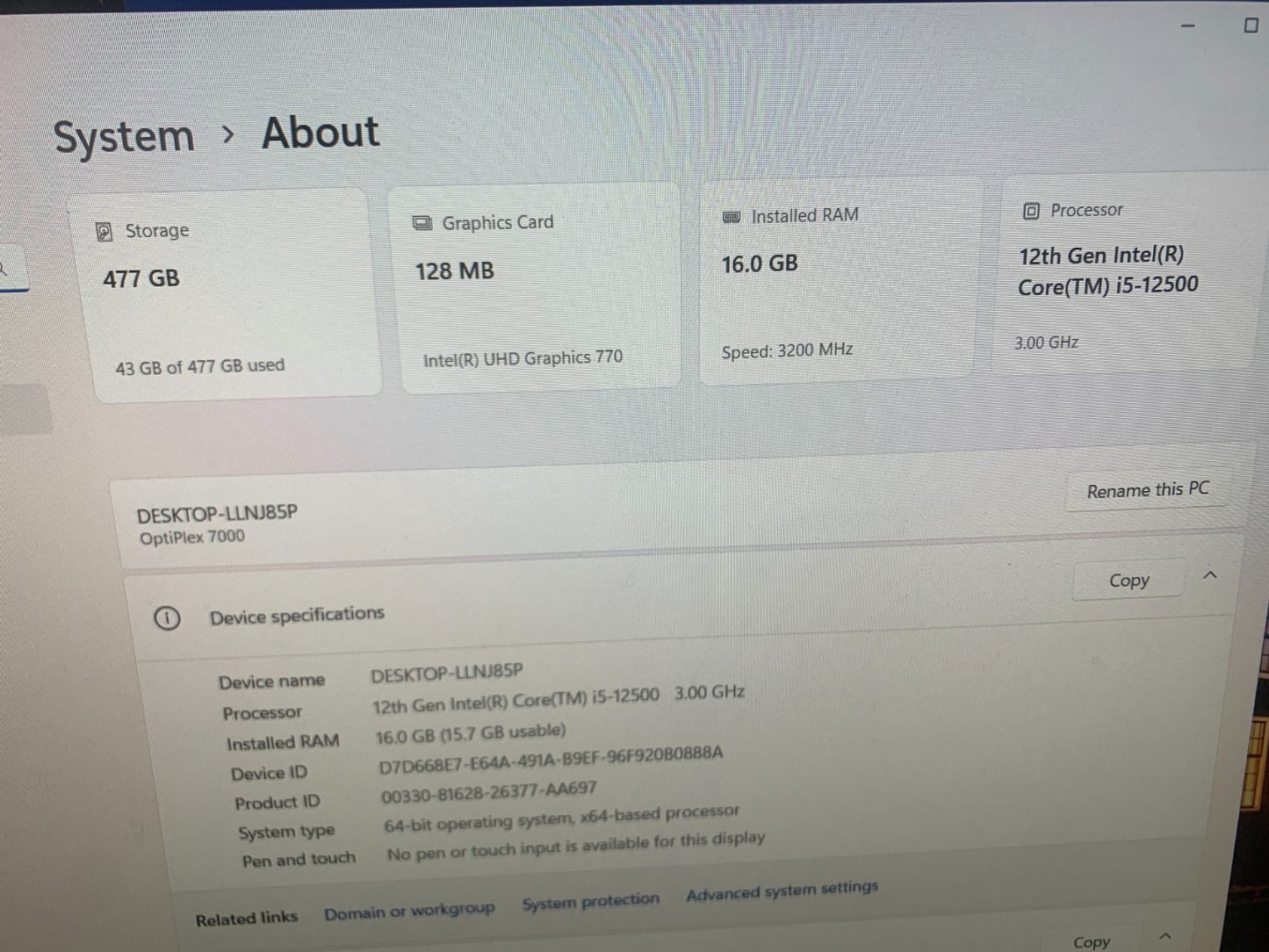 Dell Optilplex 7000 SFF 12th Gen i5-12500 3.00Ghz / 16GB / 512GB SSD1