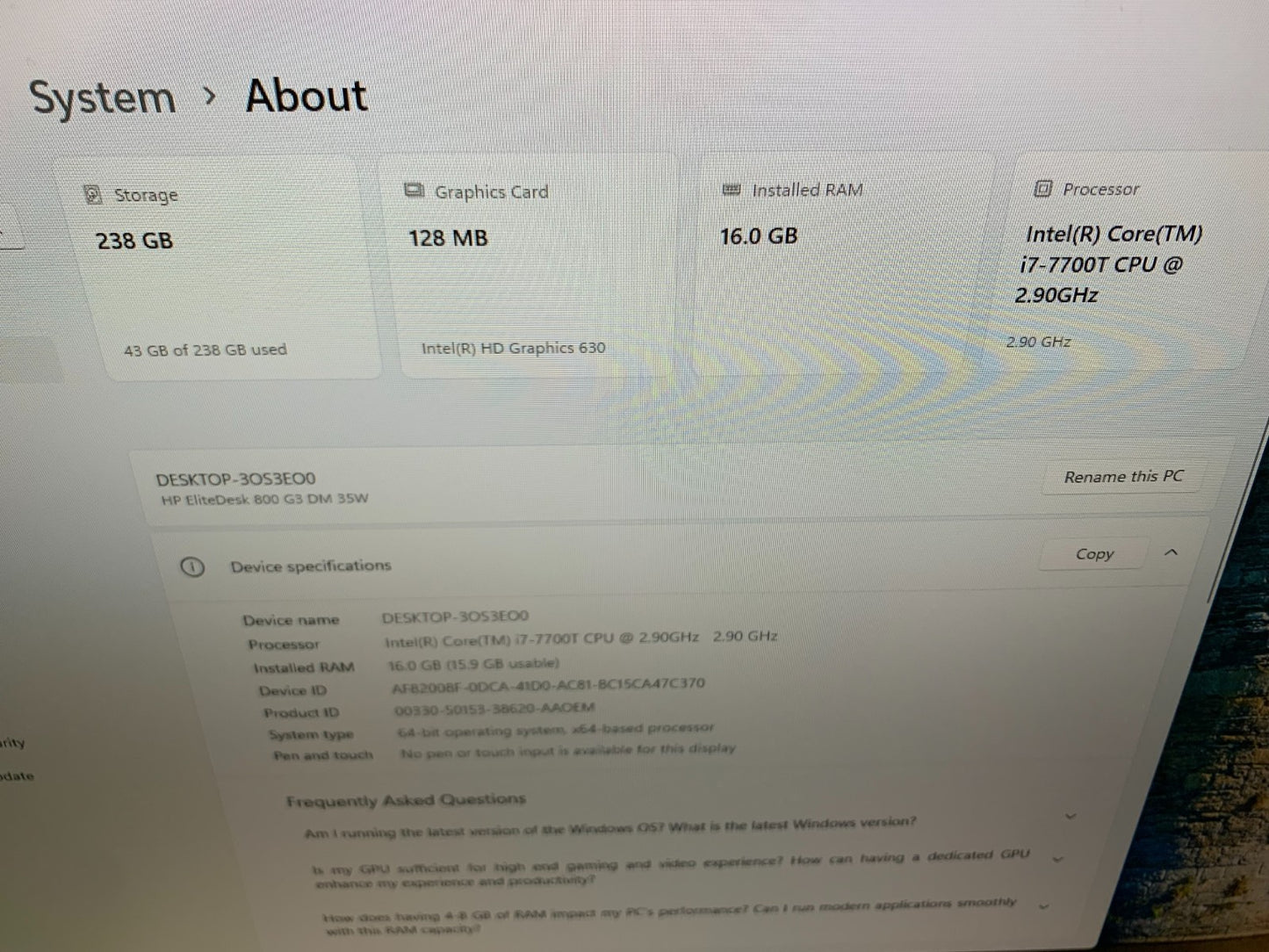 HP EliteDesk 800 G3 i7-7700T 2.90GHz / 16GB / 256GB SSD2