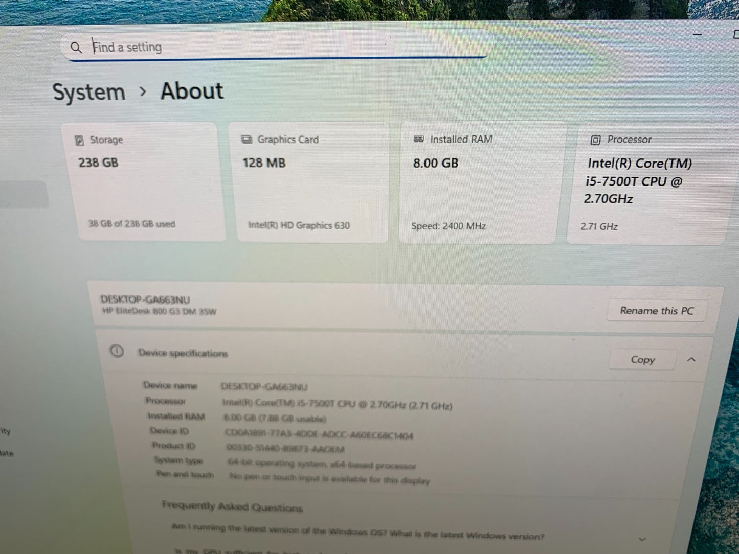 HP EliteDesk 800 G3 Mini i5-7500T 2.70GHz / 8GB / 256GB SSD2
