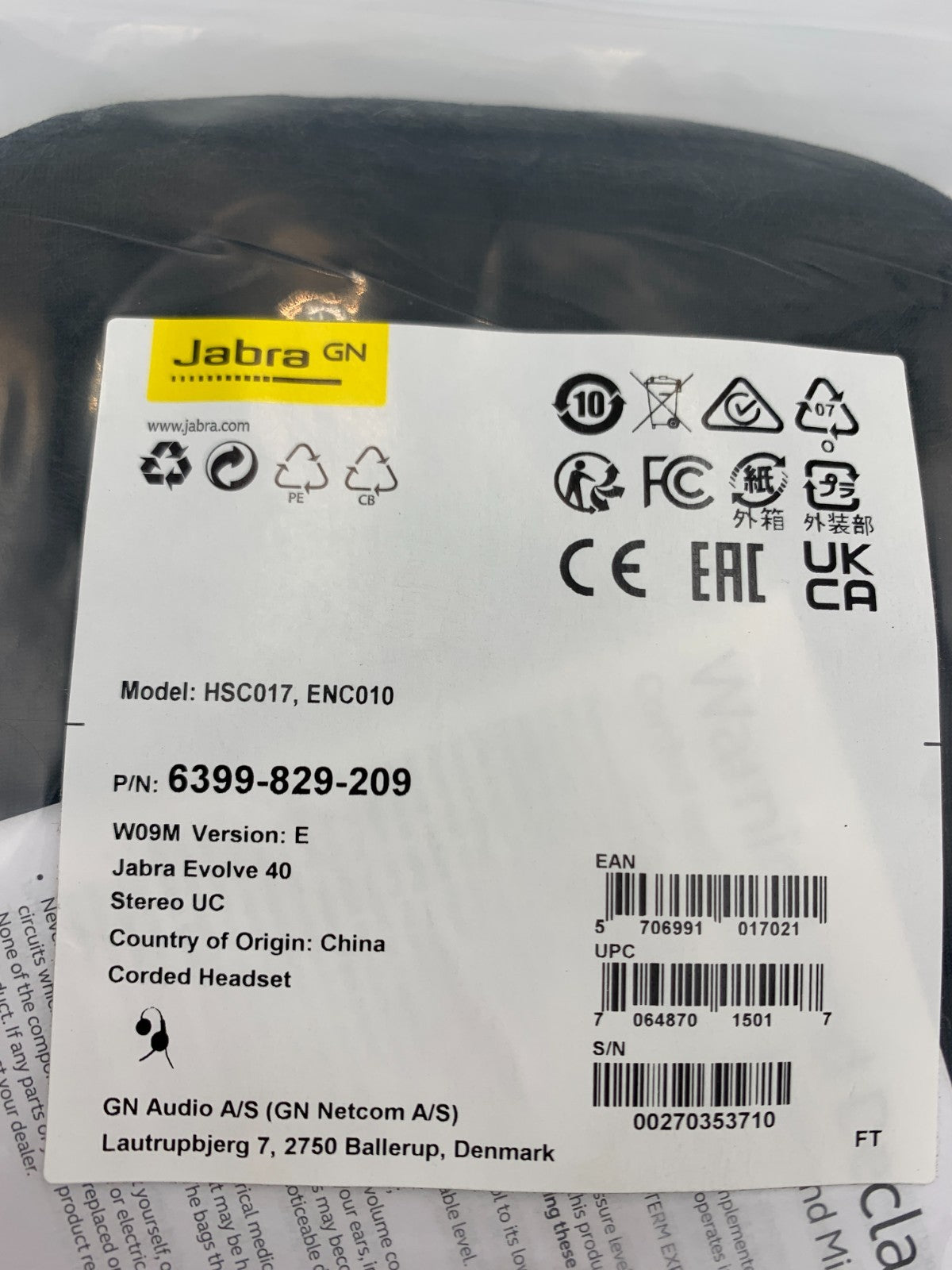 Jabra Evolve 40 Stereo UC HSC017 ENC010 6399-829-2092