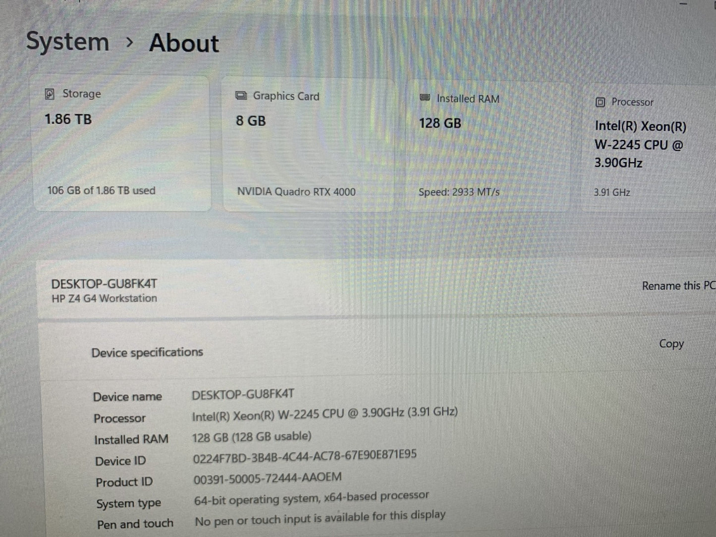HP Z4 G4 Workstation Xeon W-2245 3.90GHz / 128GB Ram / 2x 512GB SSD $ 1TB SSD3