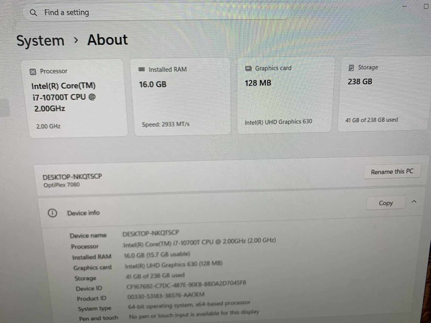 Dell Optiplex 7080 Mini i7-10700T 2.00GHz /  16GB / 256GB2