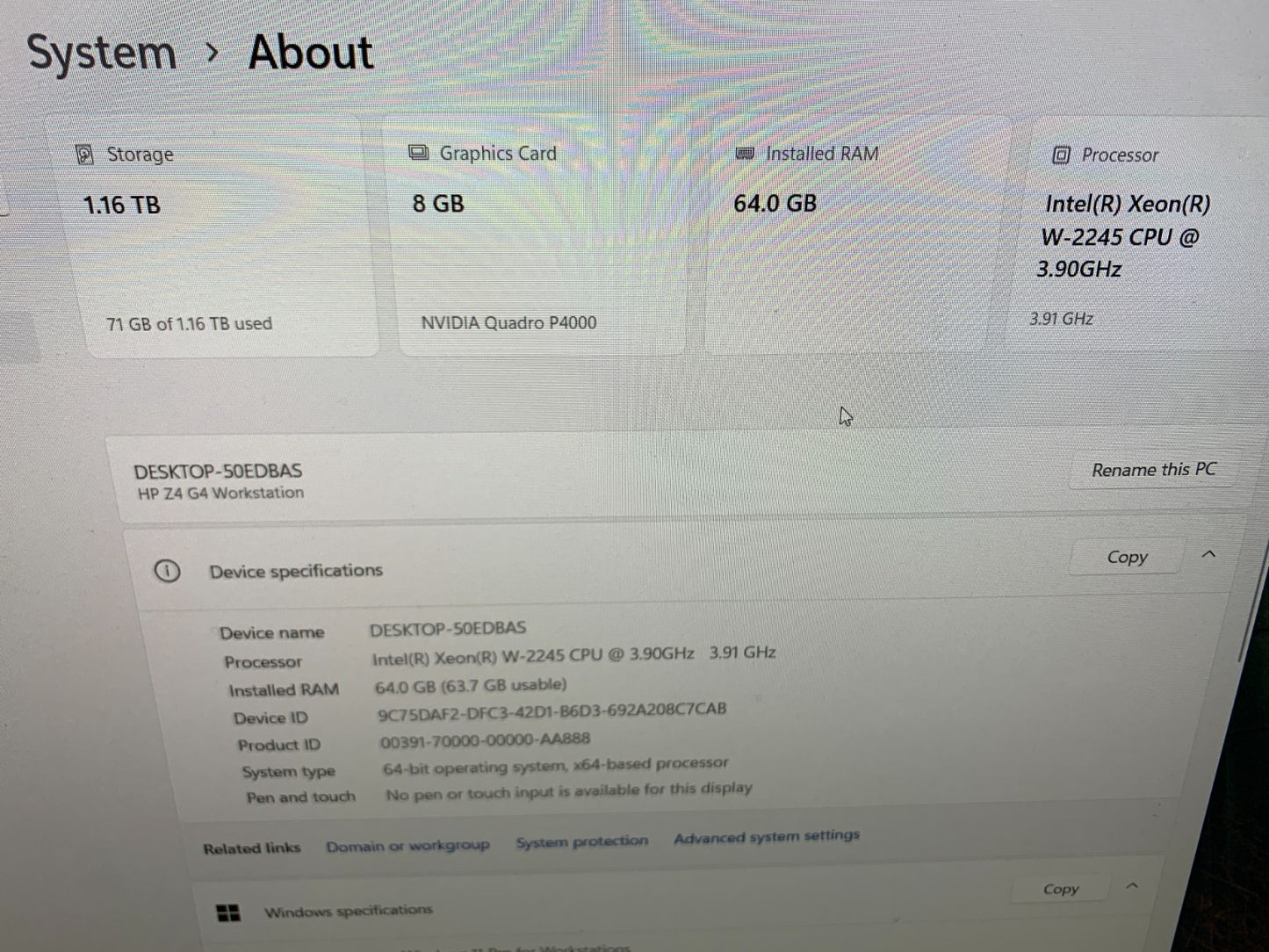 HP Z4 G4 Workstation Xeon W-2245 3.90GHz / 64GB Ram / 256GB SSD & 1TB SSD2