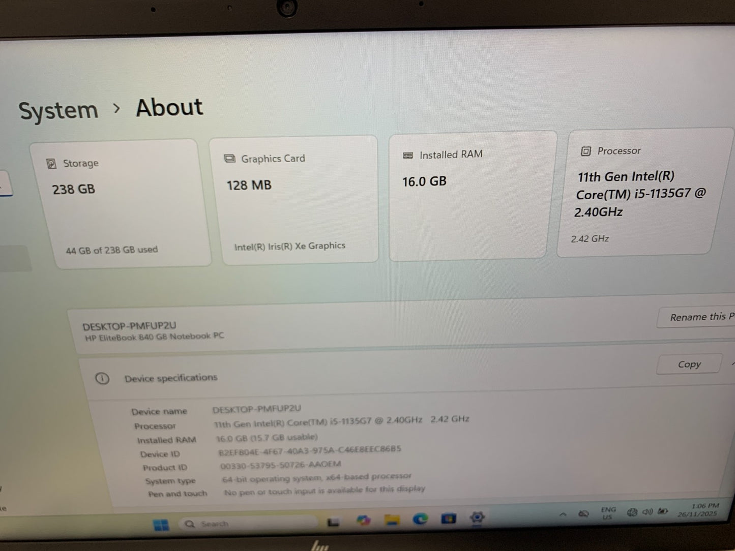HP EliteBook 840 G8 11th Gen i5-1135G7 2.40GHz / 16GB / 256GB SSD2