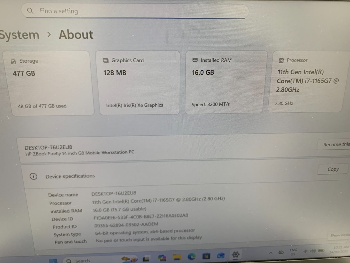 HP Zbook Firefly 14" G8 i7-1165G7 2.80GHz / 16GB / 512GB SSD1