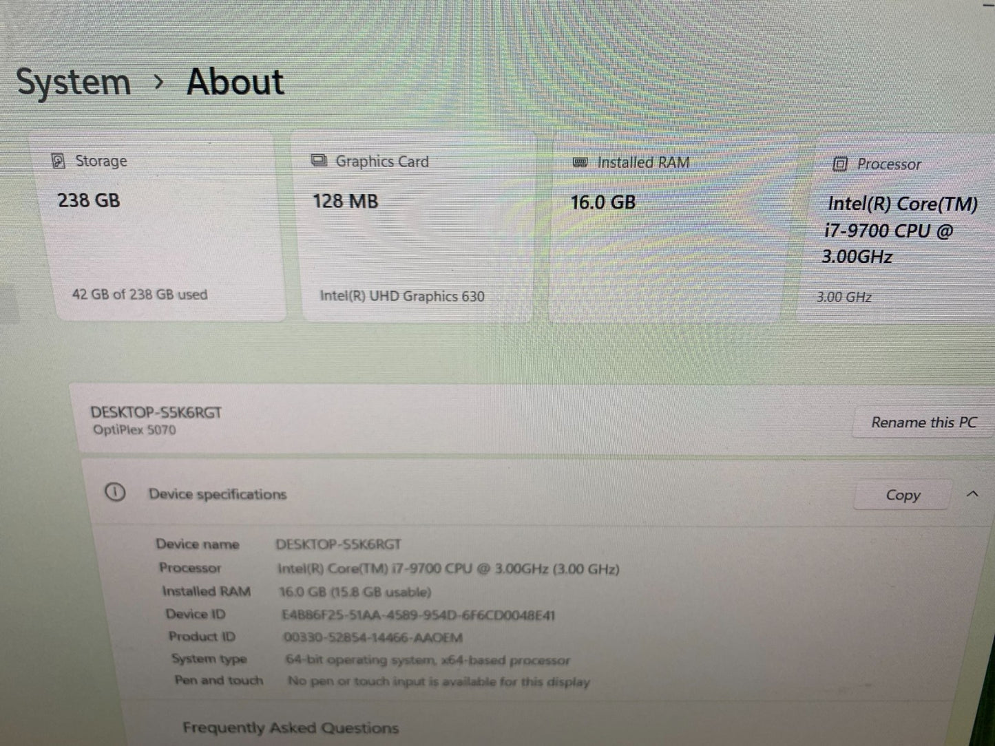 Dell Optiplex 5070 SFF i7-9700 3.00GHz / 16GB / 256GB SSD2