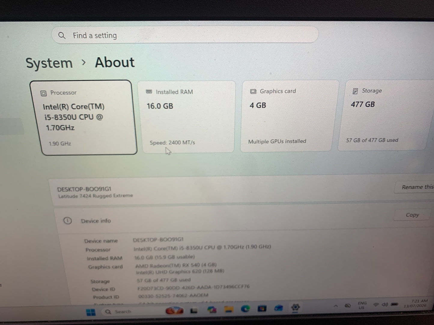 Dell Latitude 7424 Rugged Extreme i5-8350U 1.70GHz / 16GB Ram / 512GB SSD