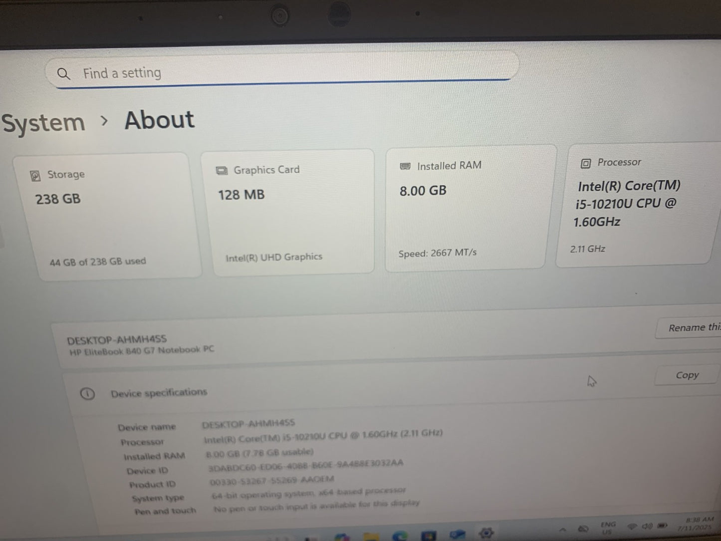 HP EliteBook 840 G7 i5-10310U 1.70GHz / 8GB / 256GB SSD3