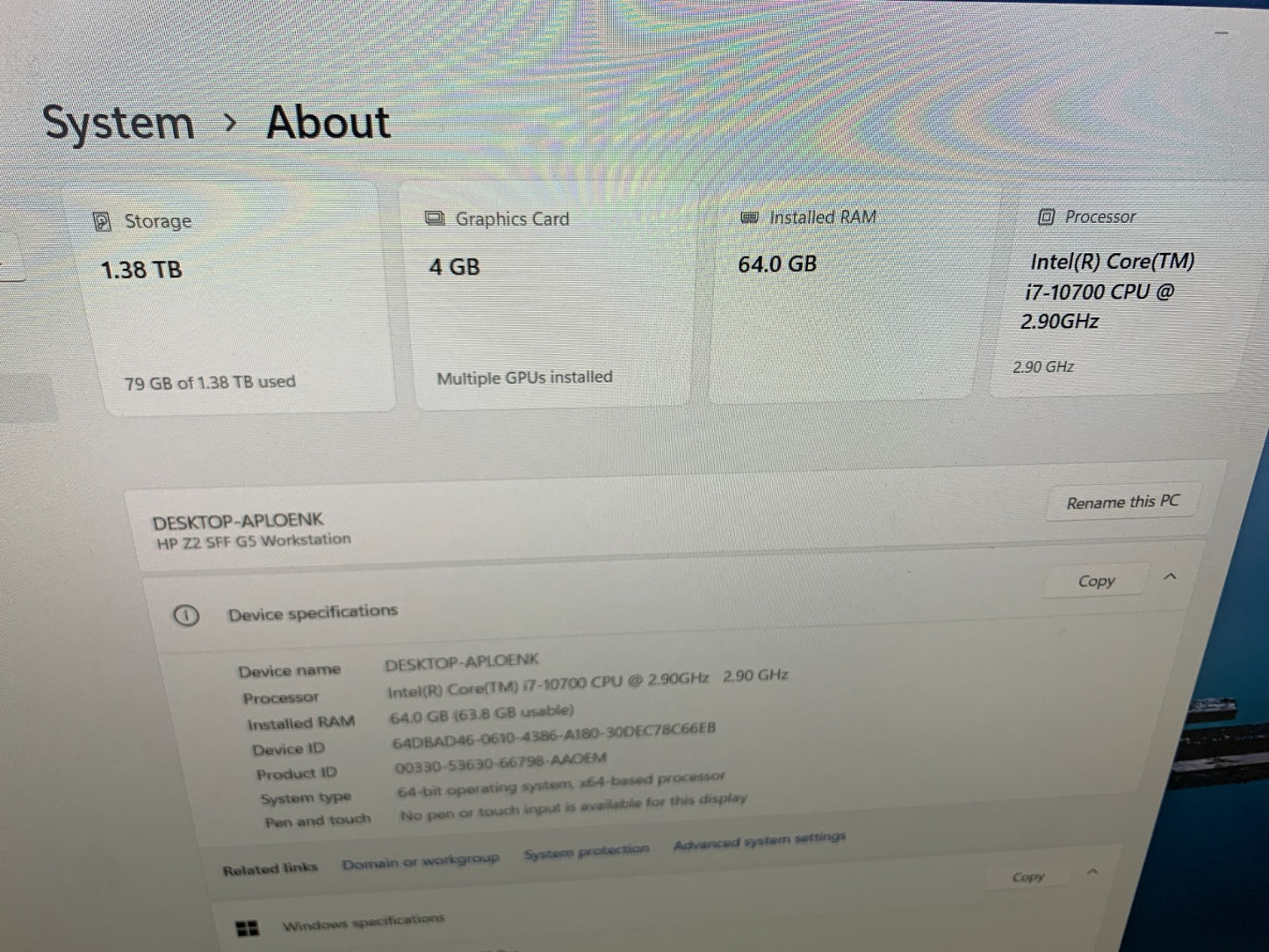 HP Z2 SFF G5 WorkStation i7-10700 2.90GHz / 64GB Ram / 512GB SSD & 1TB HDD2