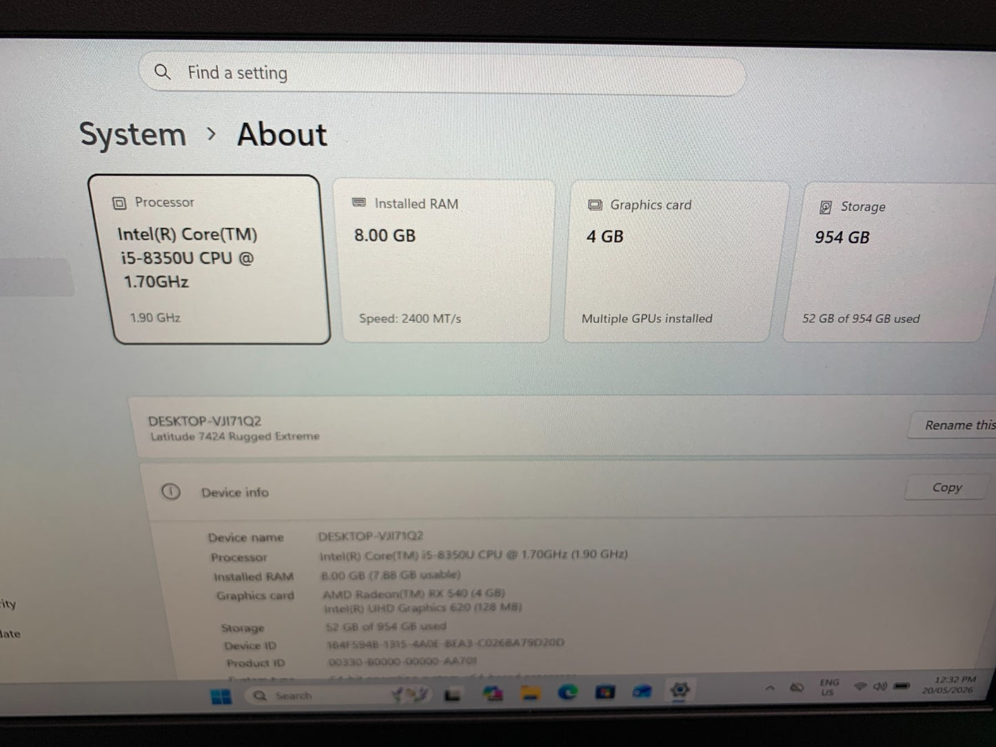 Dell Latitude 7424 Rugged Extreme i5-8350U 1.70GHz / 8GB Ram / 1TB SSD 4GB Grap5