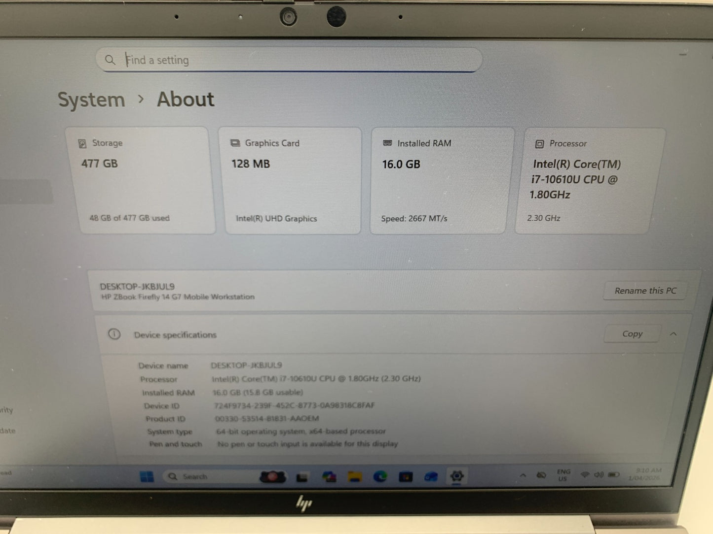 HP Zbook Firefly 14 G7 Mobile WorkStation i7-10610U 1.80GHz / 16GB / 512GB SSD2