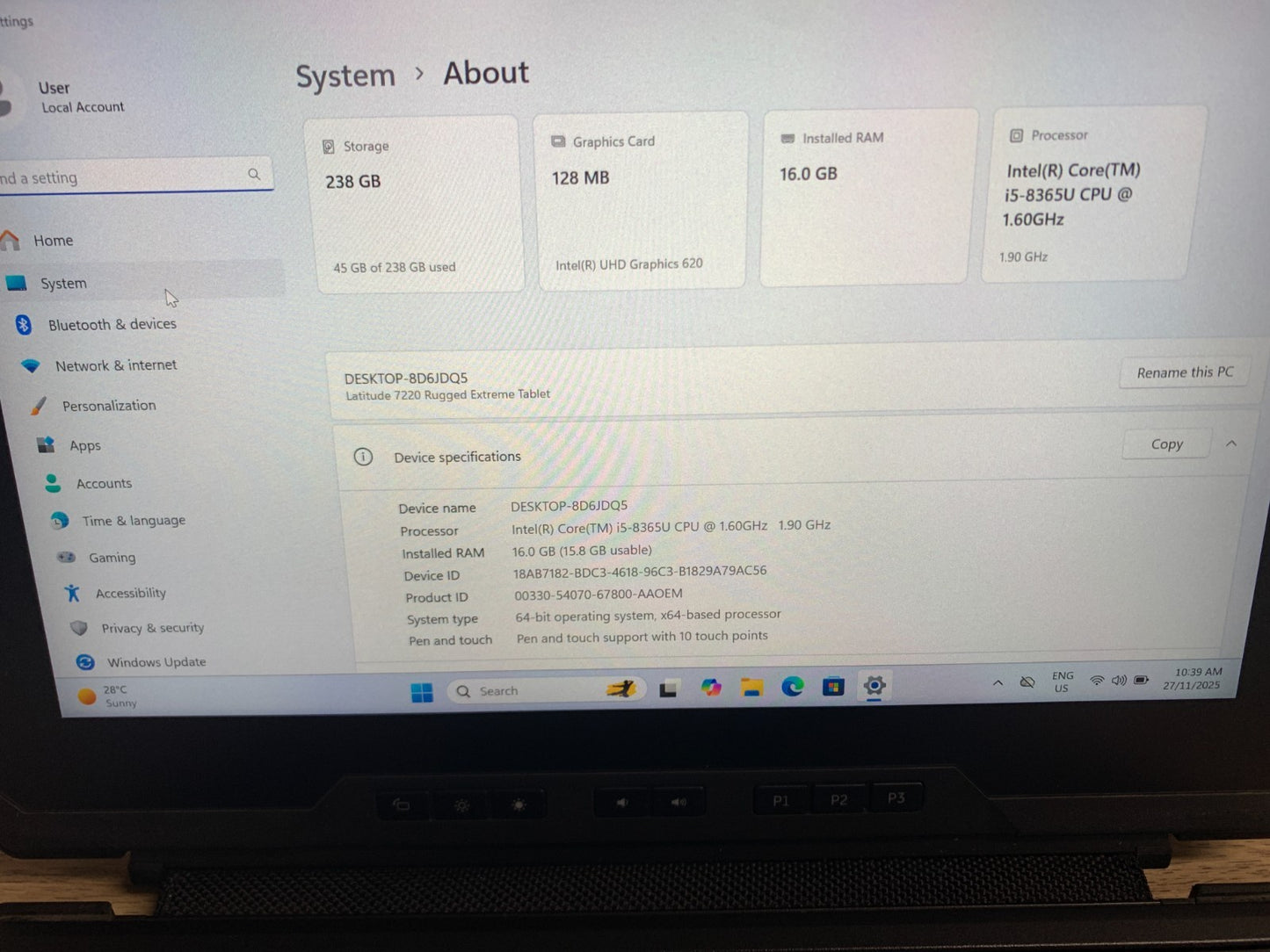 Dell Latitude 7220 Rugged Extreme Tablet i5-8365U 1.60GHz / 16GB /256GB SSD1