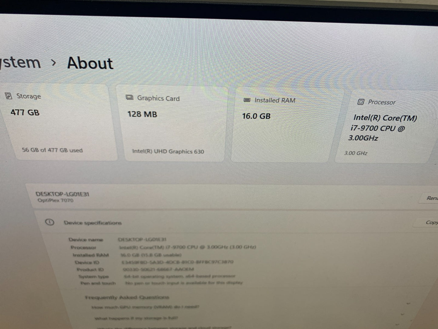 Dell Optiplex SFF 7070 i7-9700 3.00GHz / 16GB /  51GB SSD2