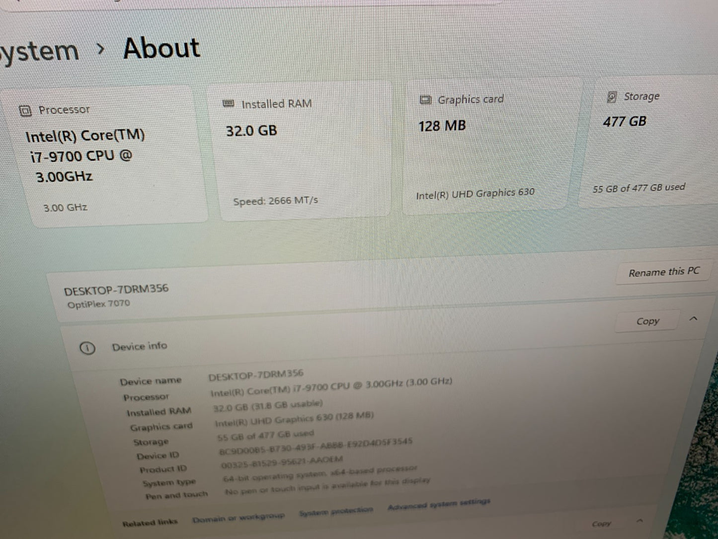 Dell Optiplex SFF 7070 i7-9700 3.00GHz / 32GB /  500GB SSD