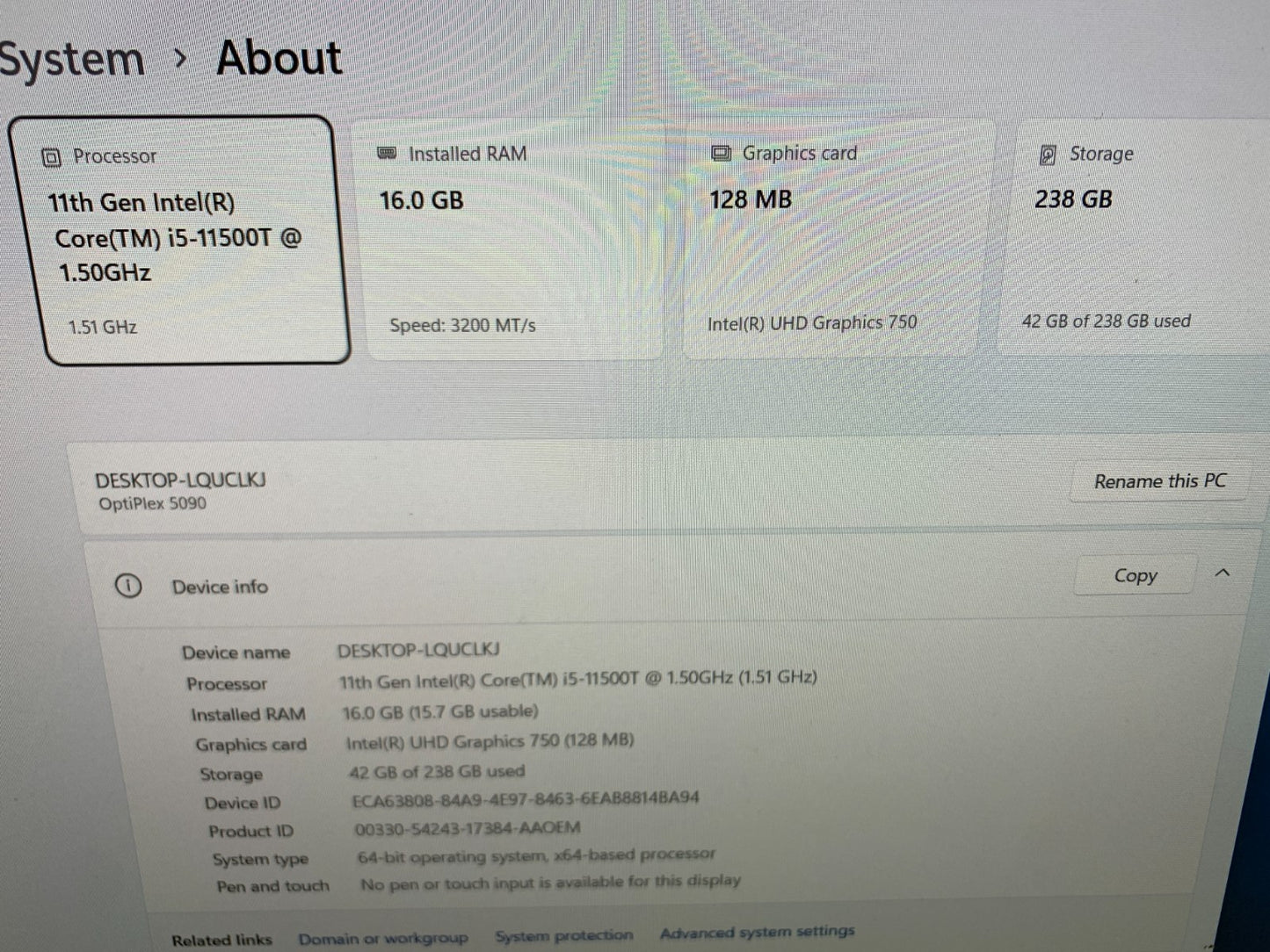 Dell Optiplex 5090 Mini Pc 11th Gen i5-11500T  1.50GHz / 16GB / 256GB SSD2