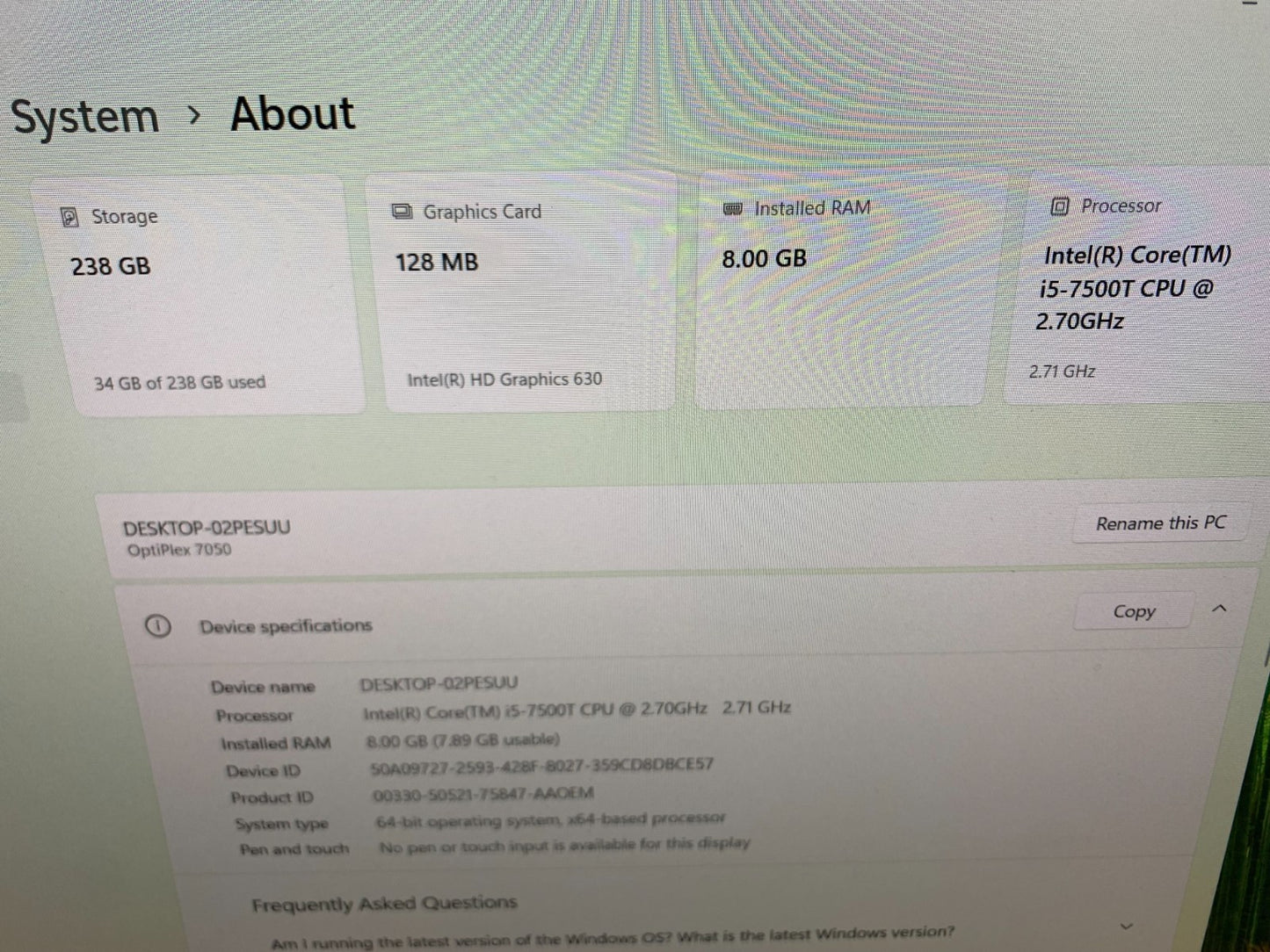 Dell Optiplex 7050 Mini i5-7500T 2.70GHz / 8GB / 256GB SSD2