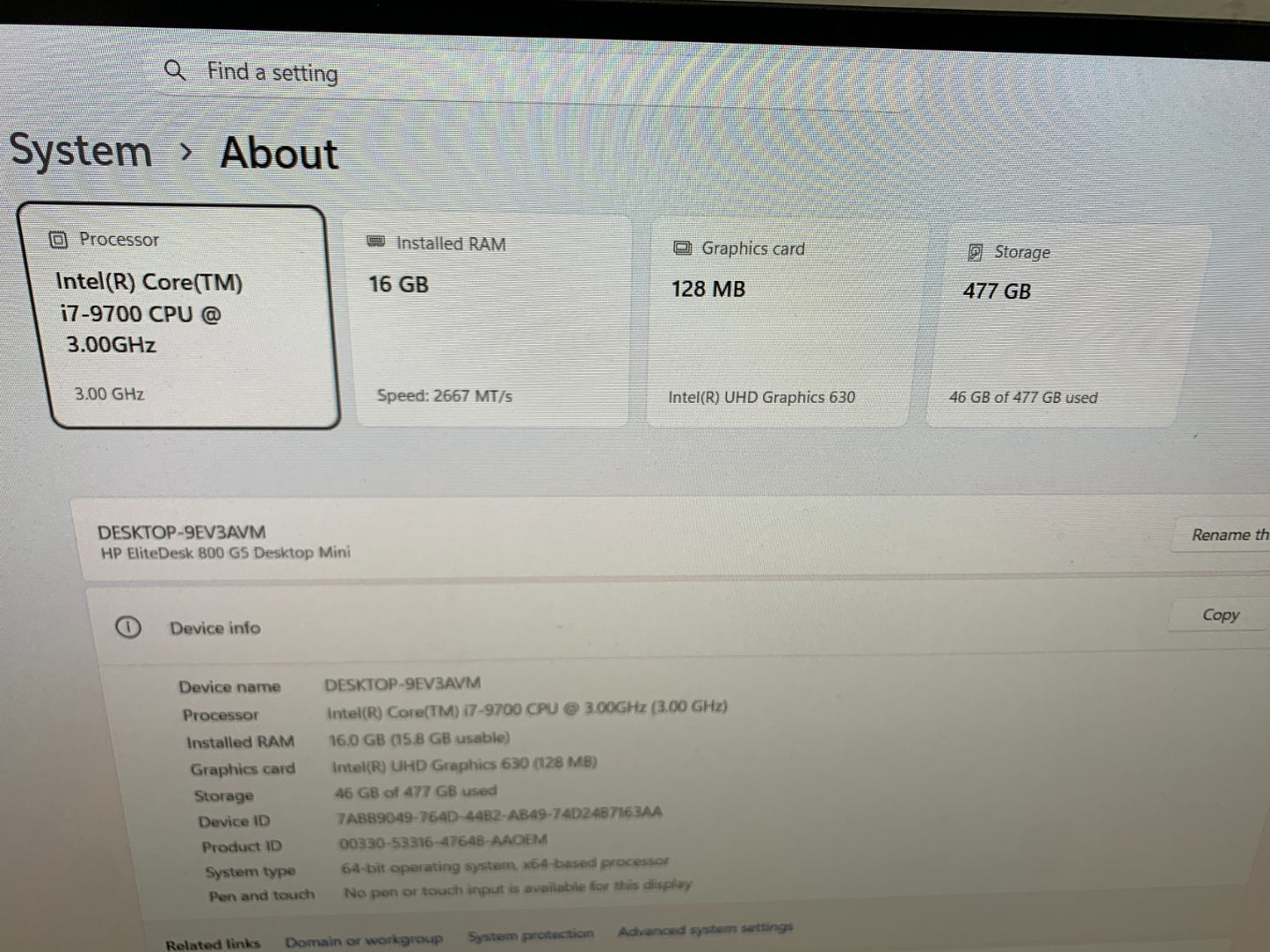 HP EliteDesk 800 G5 Mini i7-9700 3.00GHz / 16GB / 512GB SSD