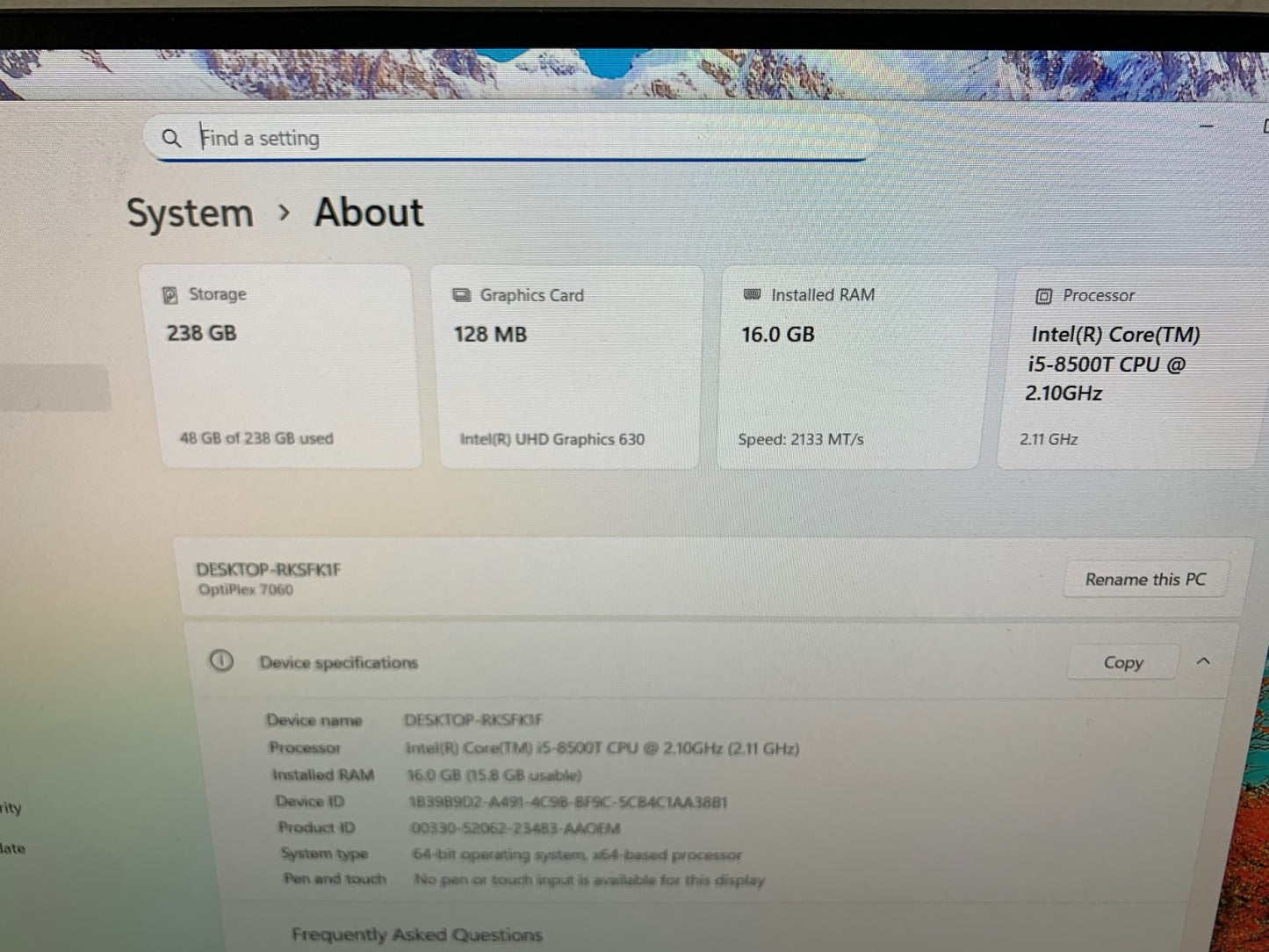 Dell Optiplex 7060 i5-8500T 2.10GHz 16GB / 256GB SSD Mini PC2