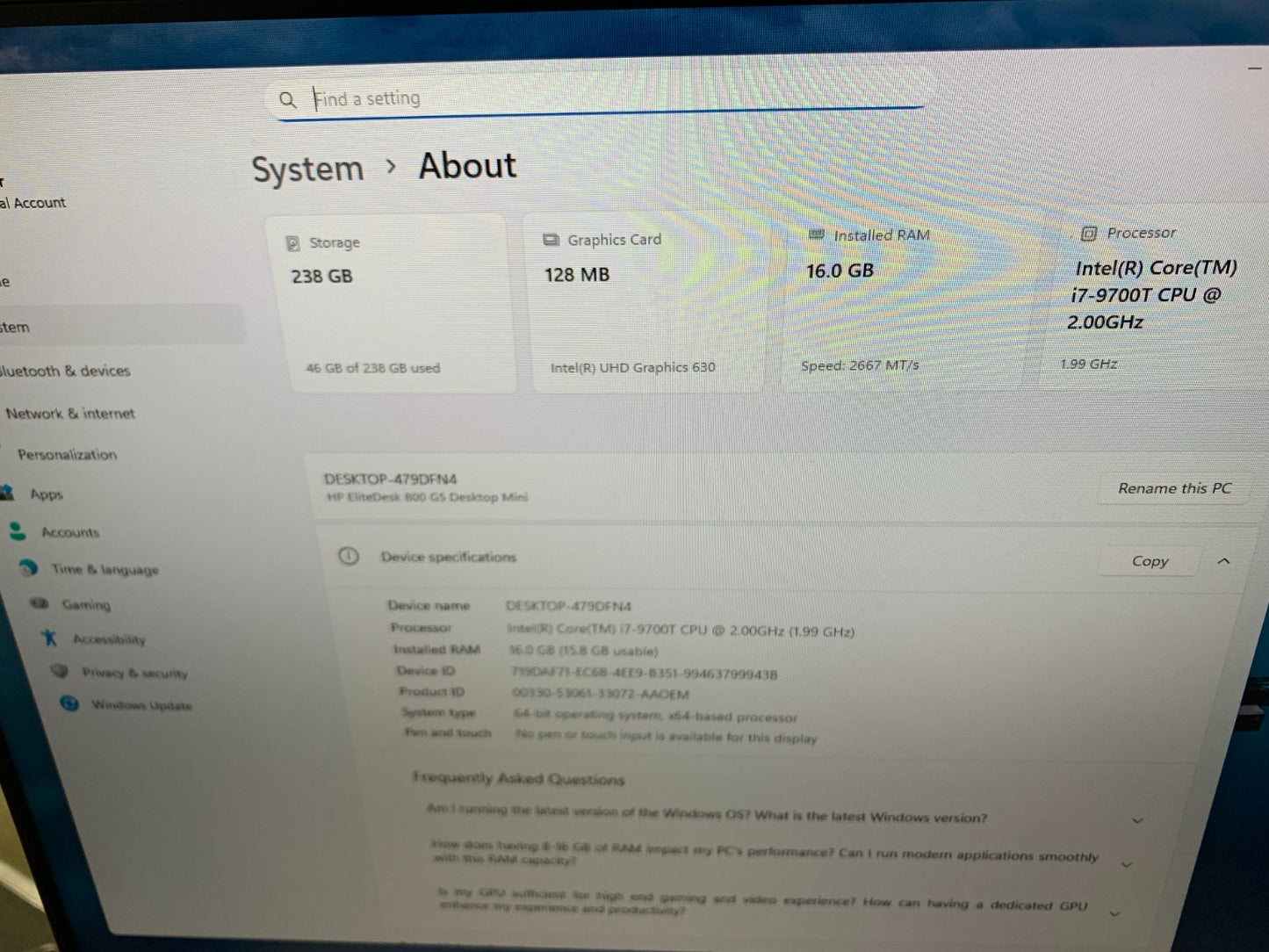 HP EliteDesk 800 G5 Mini i7-9700T 2.00GHz / 16GB / 256GB SSD3