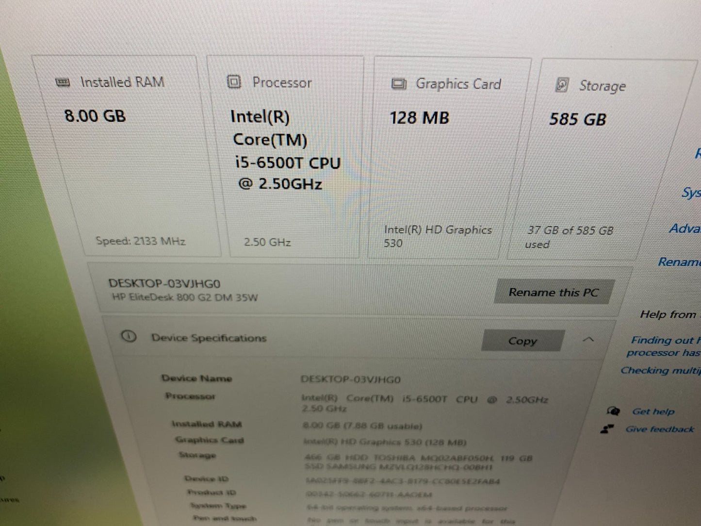 HP EliteDesk 800G2 Mini i5-6500T 2.50GHz / 8GB / 128GB SSD & 500GB HDD2