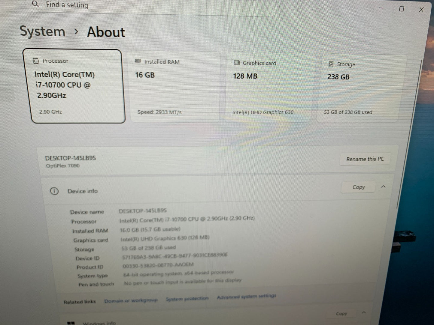 Dell Optiplex SFF 7080 i7-10700 2.90GHz / 16GB / 256GB1