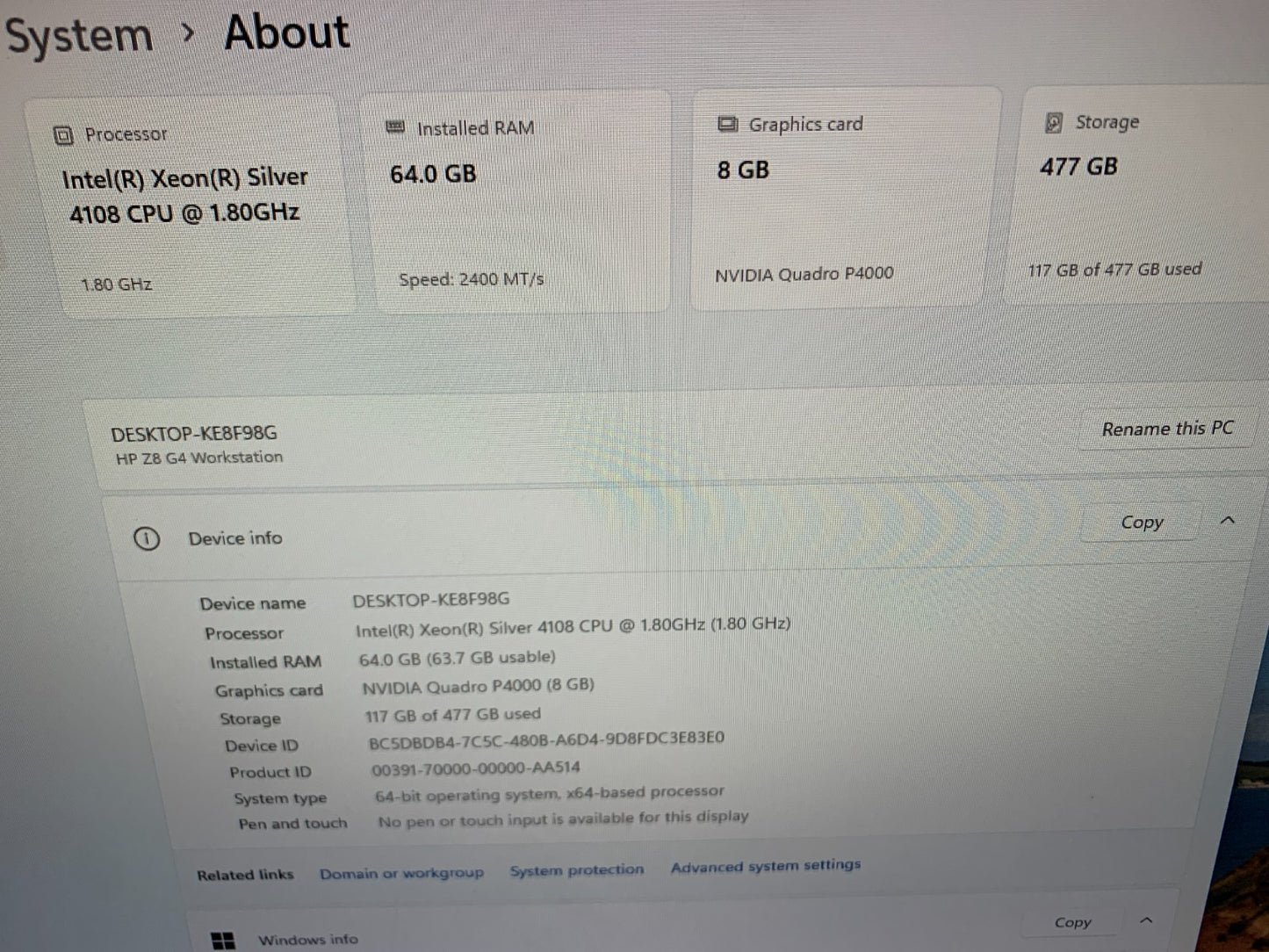 HP Z8 G4 WorkStation Xeon Silver 4108 1.80GHz / 64GB Ram / 512GB SSD 8GB Graphic1