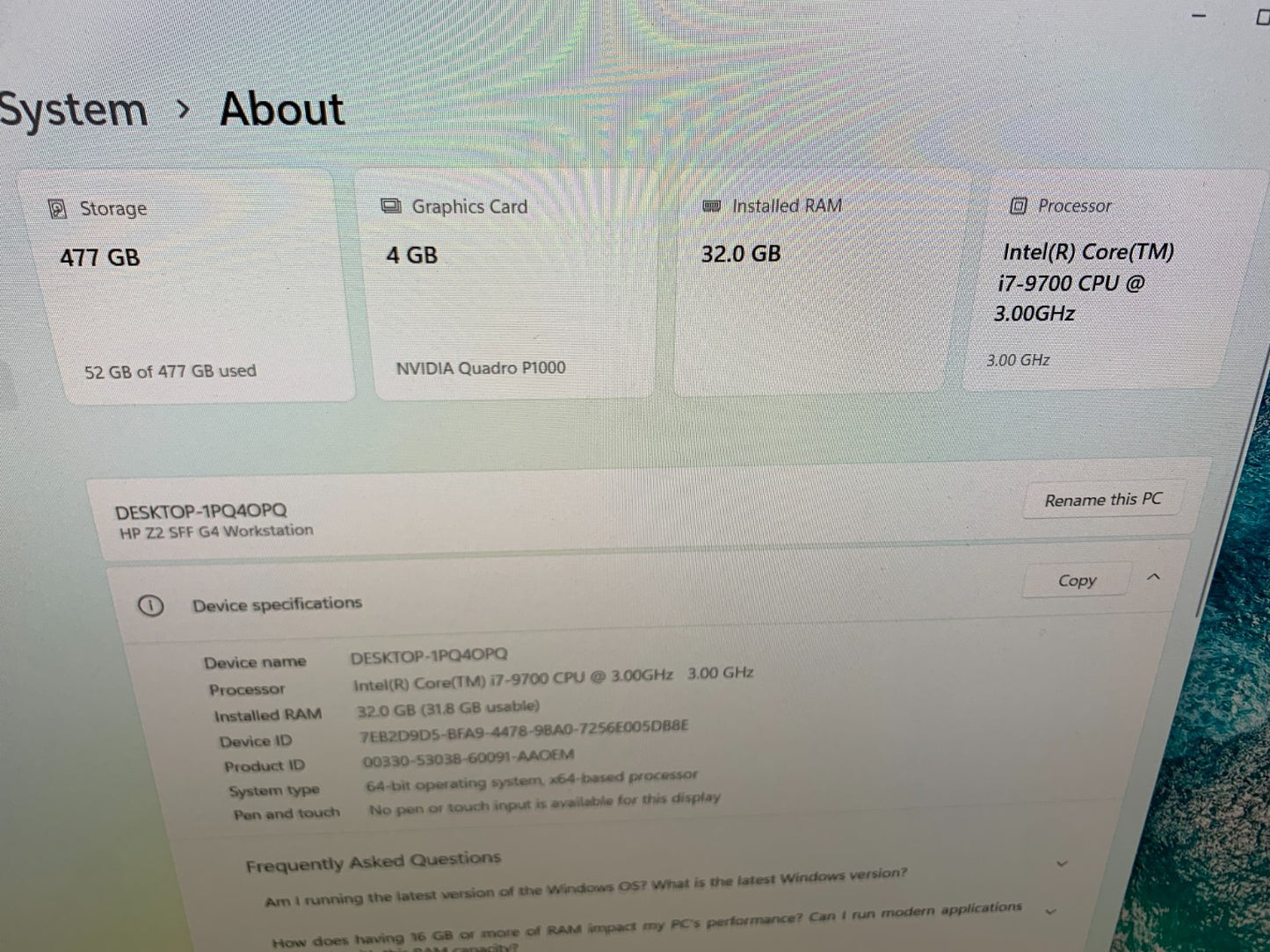 HP Z2 SFF G4 Workstation i7-9700 3.00GHz / 32GB Ram / 512GB SSD2