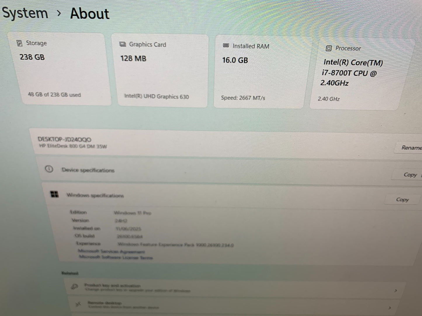 HP EliteDesk 800 G4 Mini Pc i7-8700T 2.40GHz / 16GB / 256GB SSD2