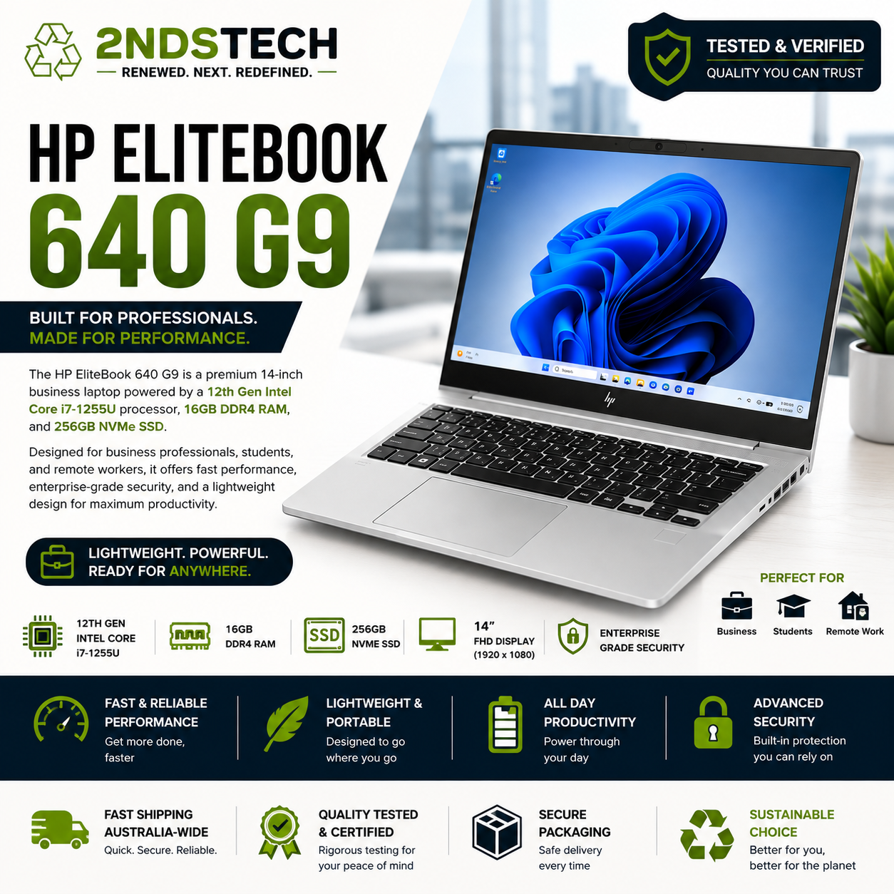 Refurbished HP EliteBook 640 G9 14" i7-1255U 16GB 256GB SSD Win11 Pro